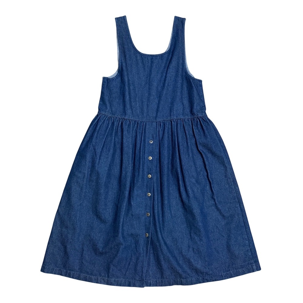 Vintage Denim Pinafore Dress Blue Button Front‎ Midi Pockets 13/14 preppy boho
